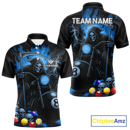 Blue flame grim reaper motorcycle 8 ball pool team polo shirt for men.