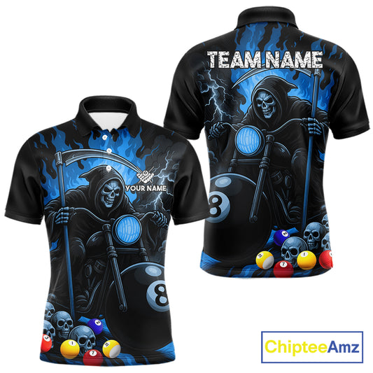 Blue flame grim reaper motorcycle 8 ball pool team polo shirt for men.