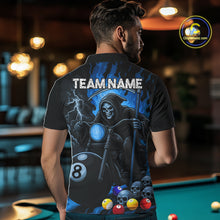 Load image into Gallery viewer, Back view of man wearing a blue flame grim reaper motorcycle 8 ball pool jersey.