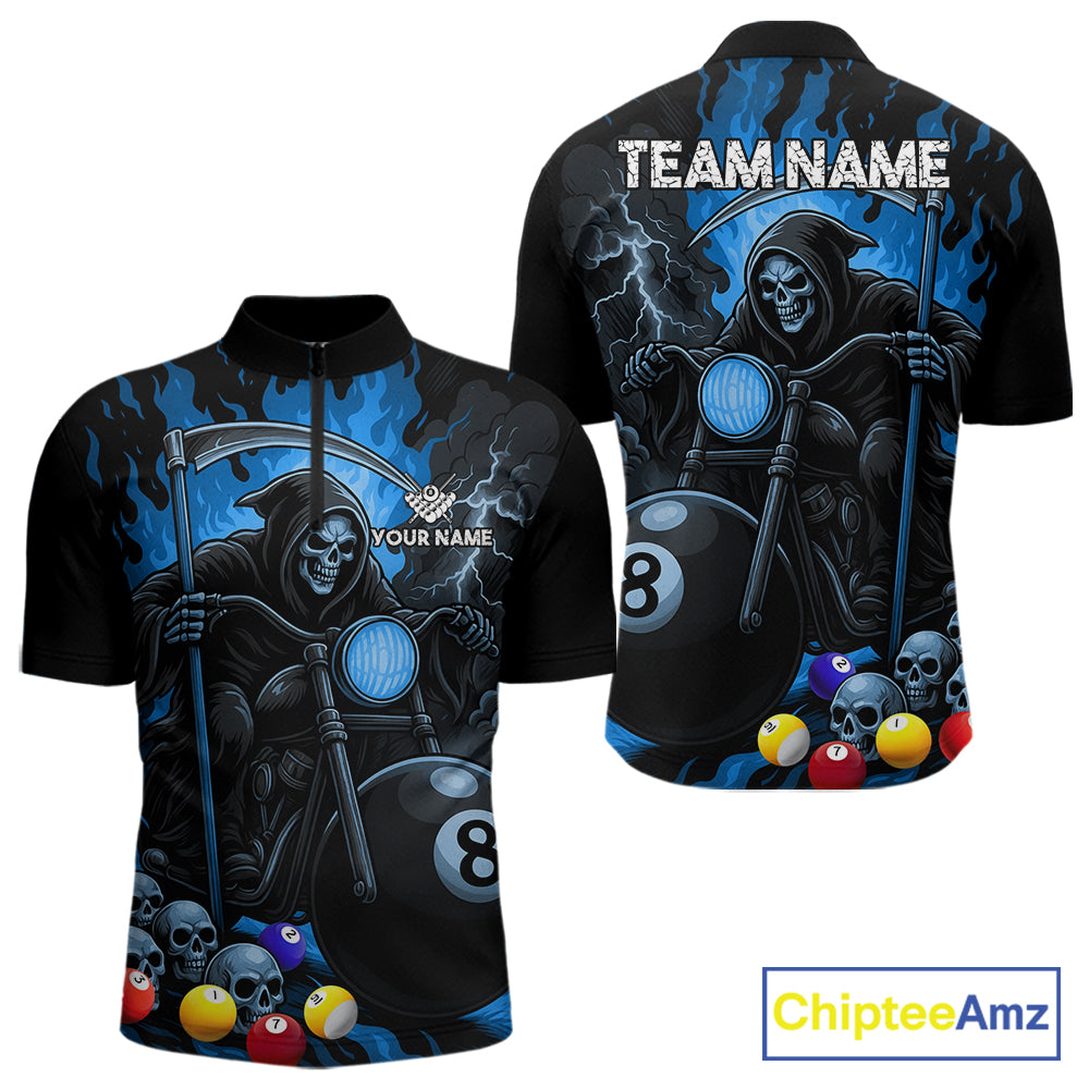 Blue flame grim reaper motorcycle 8 ball quarter zip billiard shirt for men, custom pool jersey.