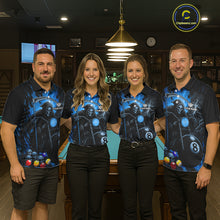 Load image into Gallery viewer, Pool team wearing matching blue flame grim reaper motorcycle 8 ball billiard jerseys front view.