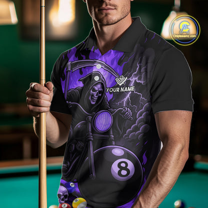 Man wearing a purple flame grim reaper motorcycle 8 ball billiard jersey front view.