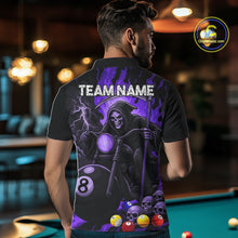 Load image into Gallery viewer, Back view of man wearing a purple flame grim reaper motorcycle 8 ball pool jersey.