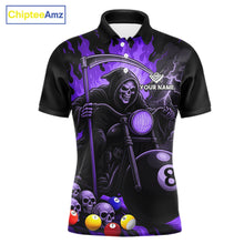 Load image into Gallery viewer, Purple flame grim reaper motorcycle 8 ball custom billiard polo shirt for men, pool team jersey.