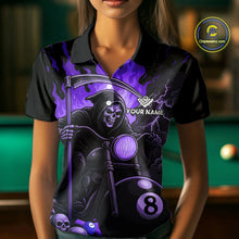 Load image into Gallery viewer, Woman wearing a purple flame grim reaper motorcycle 8 ball billiard jersey front view.