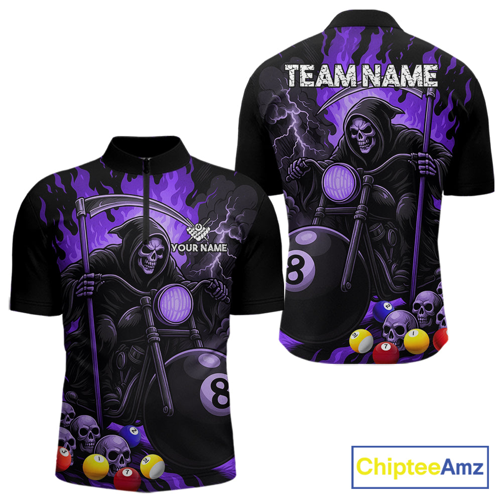 Purple flame grim reaper motorcycle 8 ball quarter zip billiard shirt for men, custom pool jersey.