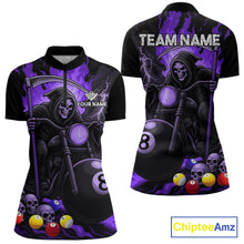 Load image into Gallery viewer, Purple flame grim reaper motorcycle 8 ball quarter zip billiard shirt for women, custom pool jersey.