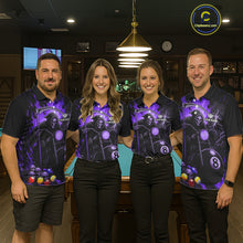 Load image into Gallery viewer, Pool team wearing matching purple flame grim reaper motorcycle 8 ball billiard jerseys front view.