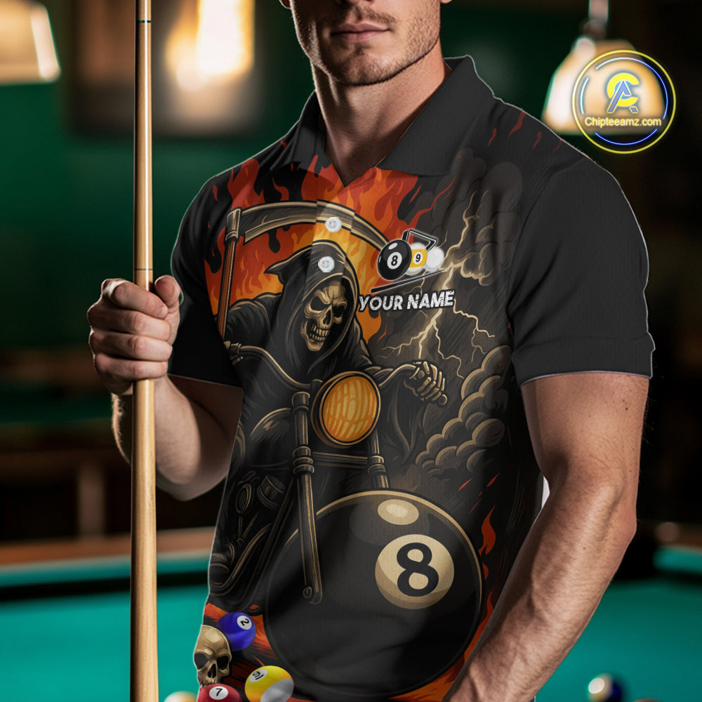 Man wearing a grim reaper motorcycle 8 ball and 9 ball billiard jersey front view.