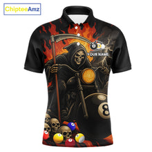Load image into Gallery viewer, Personalized grim reaper motorcycle 8 ball and 9 ball billiard polo shirt for men, custom pool team jersey.