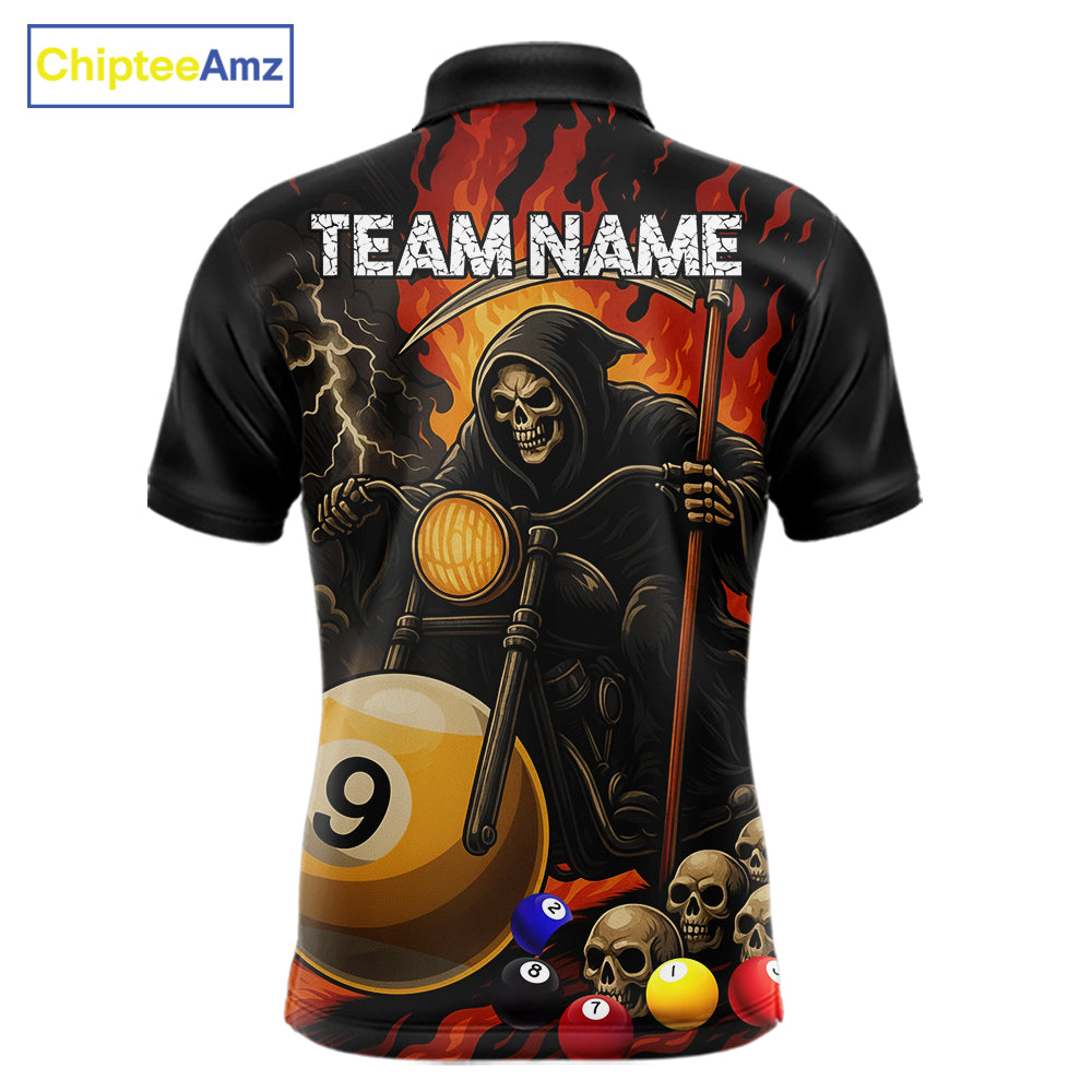 Grim reaper motorcycle 8 ball and 9 ball pool team polo shirt for men with flame graphics.