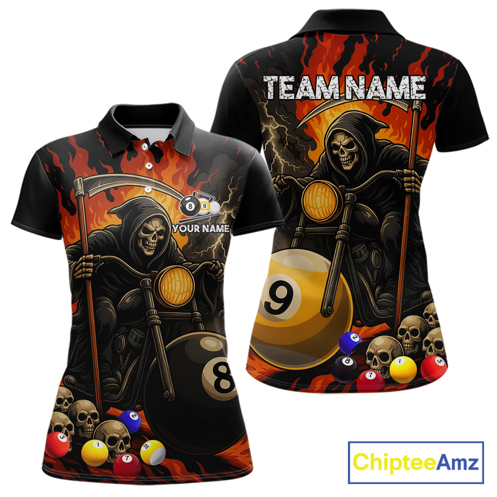 Personalized grim reaper motorcycle 8 ball and 9 ball billiard polo shirt for women, custom pool team jersey.