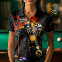 Load image into Gallery viewer, Woman wearing a grim reaper motorcycle 8 ball and 9 ball billiard jersey front view.