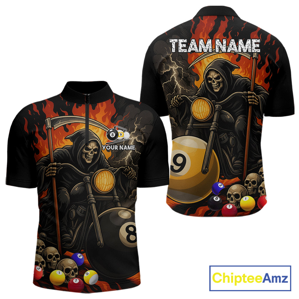 Grim reaper motorcycle 8 ball and 9 ball quarter zip billiard shirt for men, custom pool jersey.