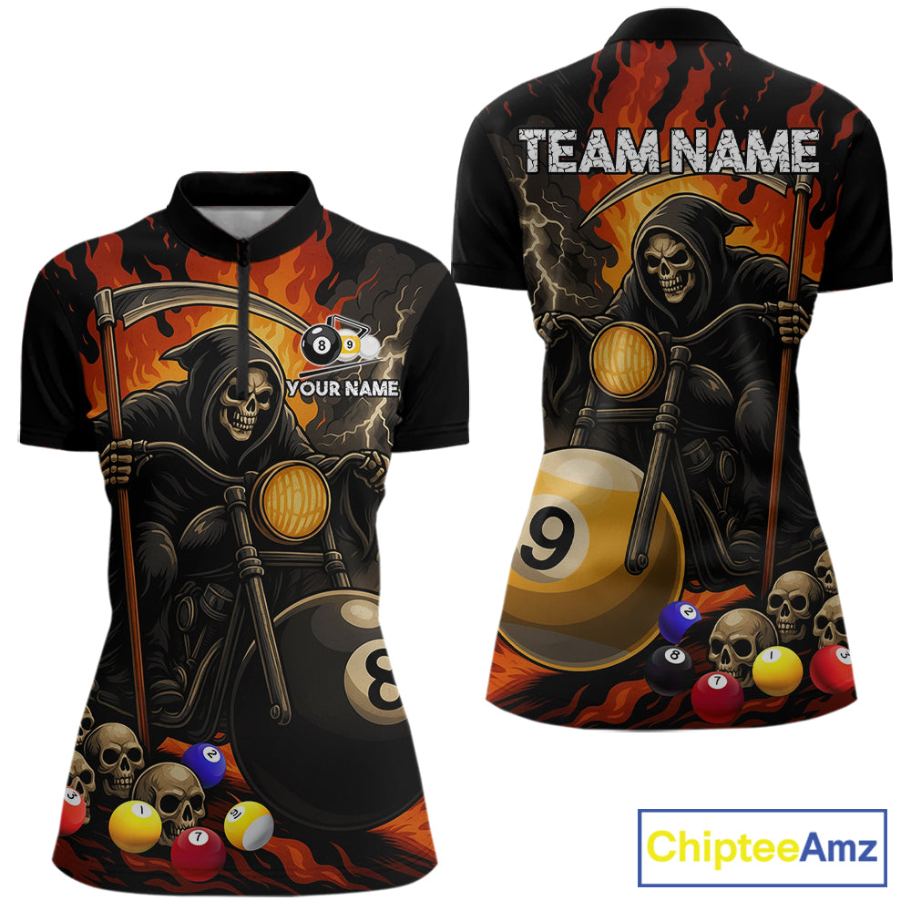 Grim reaper motorcycle 8 ball and 9 ball quarter zip billiard shirt for women, custom pool jersey.