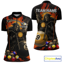 Load image into Gallery viewer, Grim reaper motorcycle 8 ball and 9 ball quarter zip billiard shirt for women, custom pool jersey.