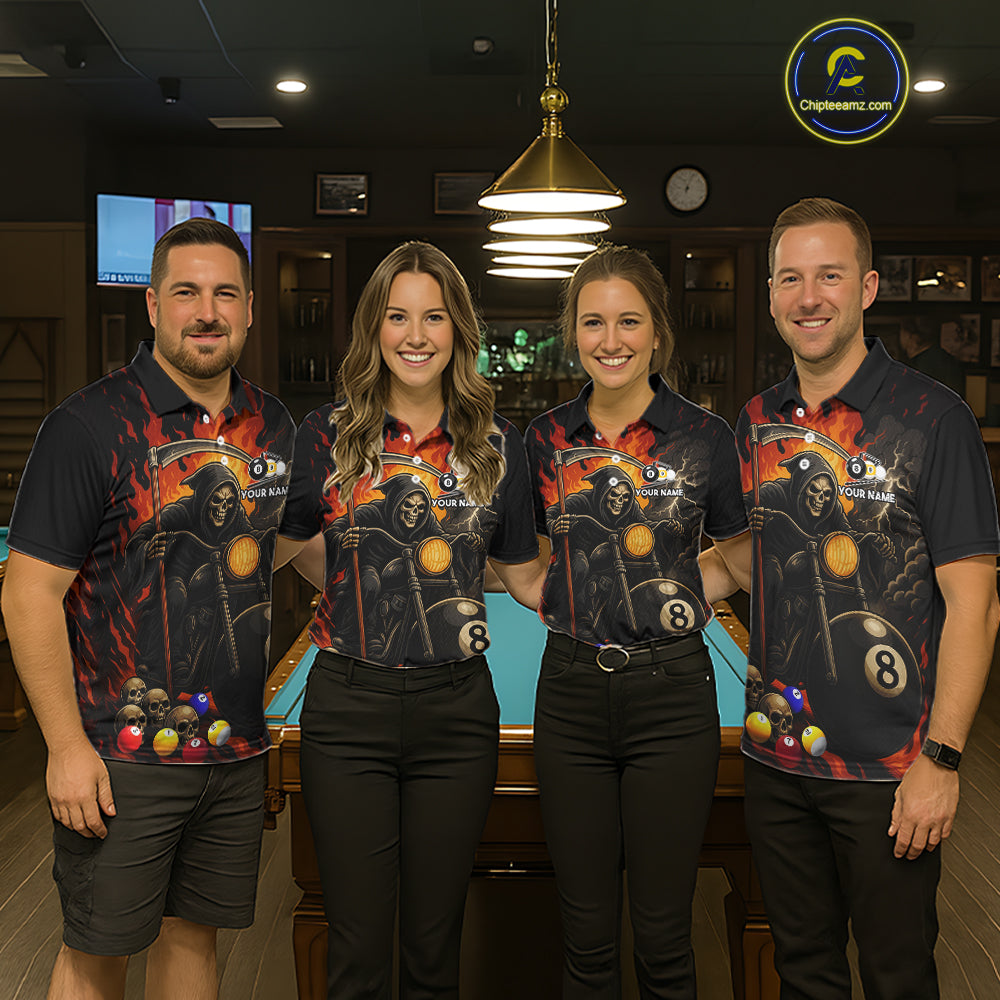 Pool team wearing matching grim reaper motorcycle 8 ball and 9 ball billiard jerseys front view.