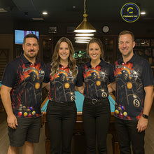 Load image into Gallery viewer, Pool team wearing matching grim reaper motorcycle 8 ball and 9 ball billiard jerseys front view.