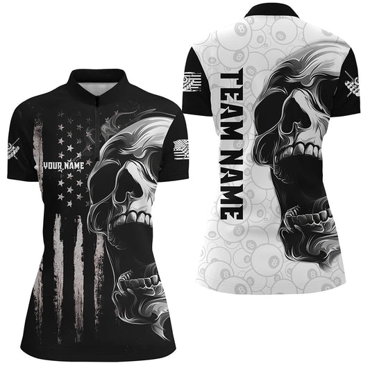 American Flag Skull Custom Women Billiard Jerseys Polo & Quarter- Zip, Patriotic Billiard Shirts TDM2374