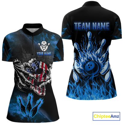 Blue Flaming American Flag Skull Bowling Shirt For Women Custom Fire Bowling Team Jersey TDM4692