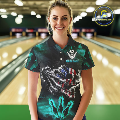 Turquoise Flaming American Flag Skull Bowling Shirt For Women Custom Fire Bowling Team Jersey TDM4693