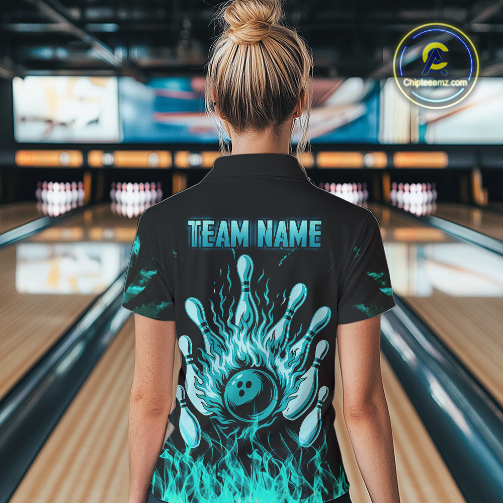 Turquoise Flaming American Flag Skull Bowling Shirt For Women Custom Fire Bowling Team Jersey TDM4693