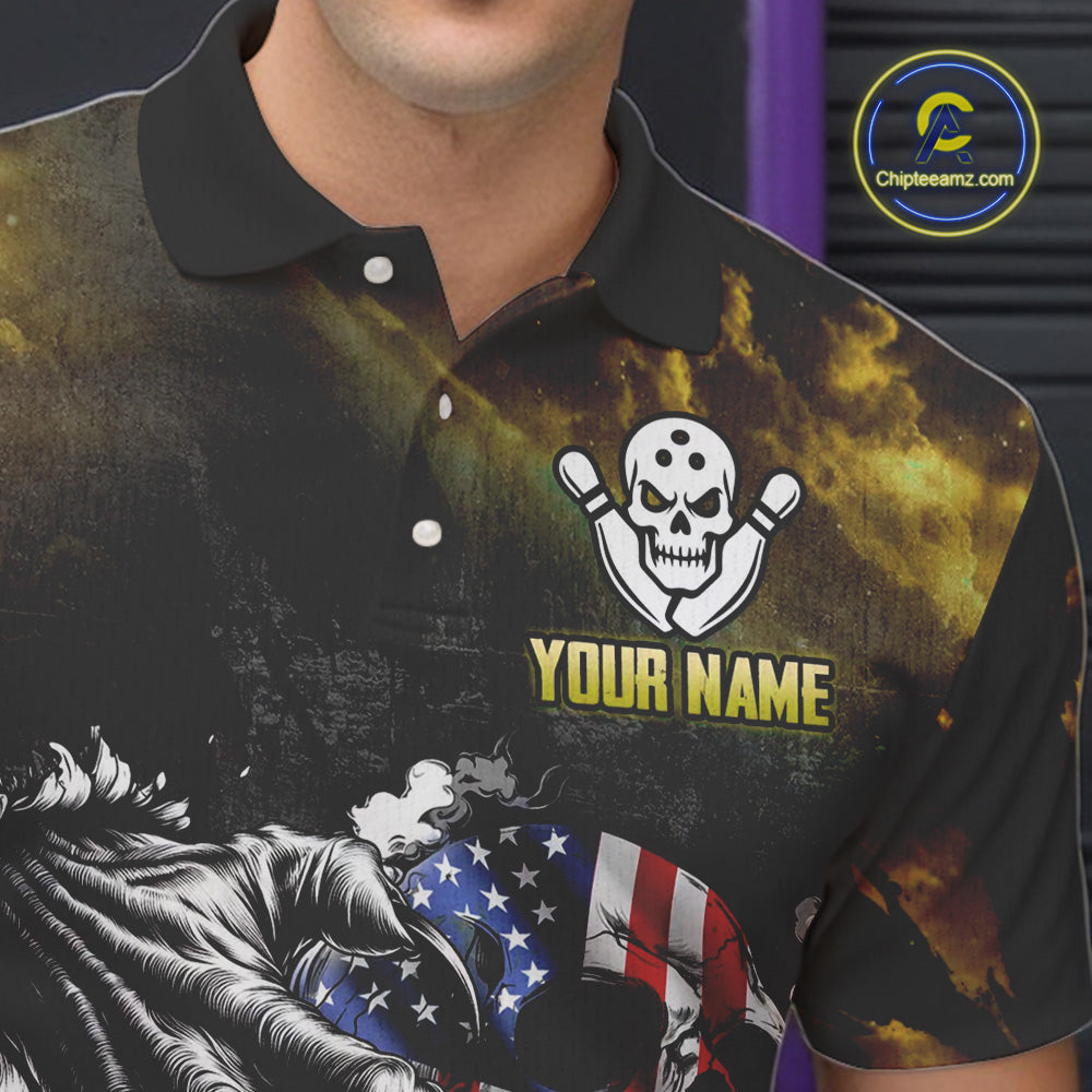 Yellow Flaming American Flag Skull Bowling Shirt For Men Custom Fire Bowling Team Jersey TDM4694