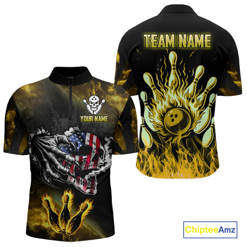 Yellow Flaming American Flag Skull Bowling Shirt For Men Custom Fire Bowling Team Jersey TDM4694