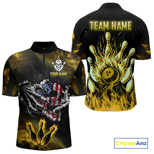 Yellow Flaming American Flag Skull Bowling Shirt For Men Custom Fire Bowling Team Jersey TDM4694