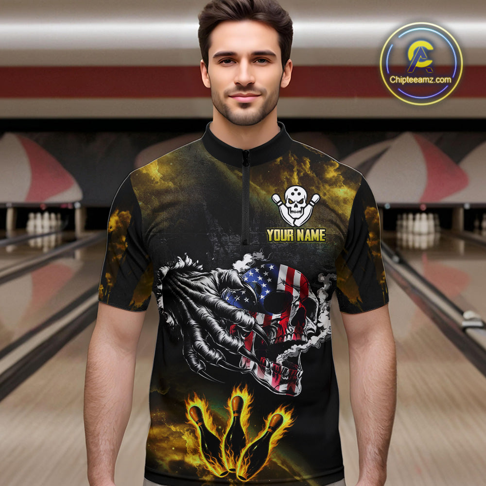 Yellow Flaming American Flag Skull Bowling Shirt For Men Custom Fire Bowling Team Jersey TDM4694