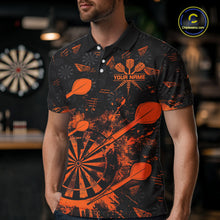 Load image into Gallery viewer, Black And Orange Grunge Darts Polo, Quarter Zip For Men Custom Dart Shirts For Team Dart Jerseys TDM4698