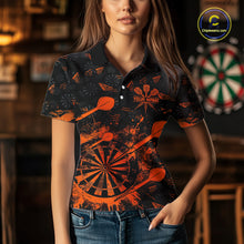 Load image into Gallery viewer, Black And Orange Grunge Darts Polo, Quarter Zip For Women Custom Dart Shirts For Team Dart Jerseys TDM4698