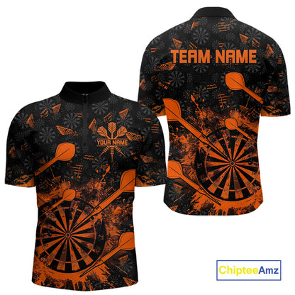 Black And Orange Grunge Darts Polo, Quarter Zip For Men Custom Dart Shirts For Team Dart Jerseys TDM4698