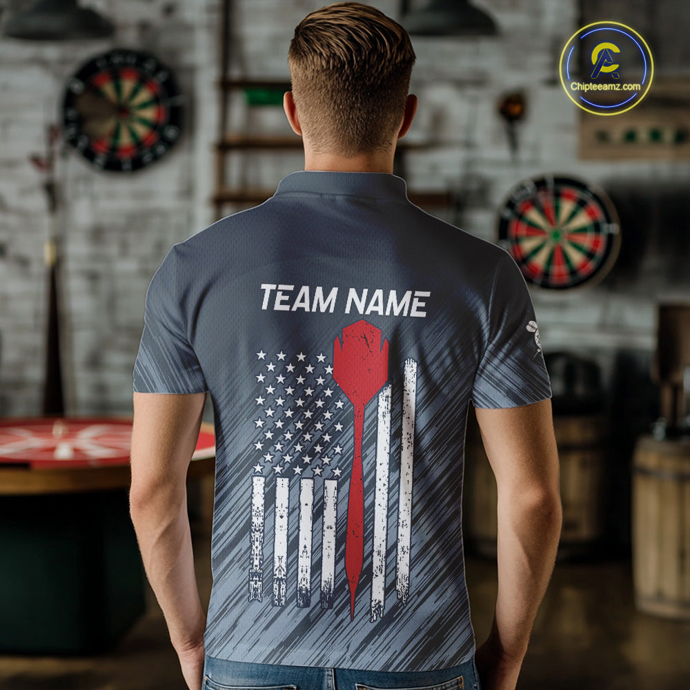 American Flag Grey Grunge Darts Polo & Quarter Zip Custom Dart Shirt For Men Patriotic Dart Jersey TDM4699