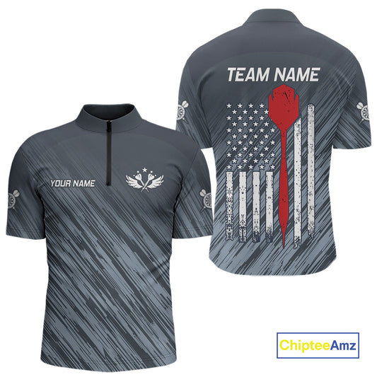 American Flag Grey Grunge Darts Polo & Quarter Zip Custom Dart Shirt For Men Patriotic Dart Jersey TDM4699