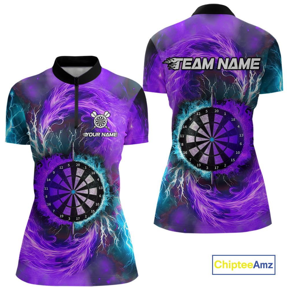 Blue And Purple Flame Lightning Darts Shirt For Women Custom Darts Team Jersey Polo & Quarter Zip TDM4701