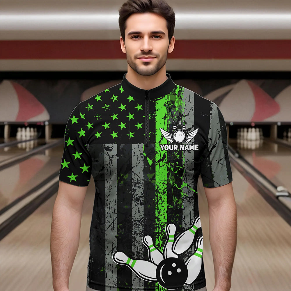 Personalized Green Grunge American Flag Patriotic Bowling Shirts For Men Custom Bowling Team Jersey TDM3504