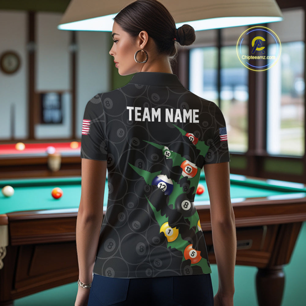 Custom Green 8 Ball Pool Scratch Billiard Shirt For Women, Black Billiard Team Jersey Polo & 1/4 Zip TDM6435