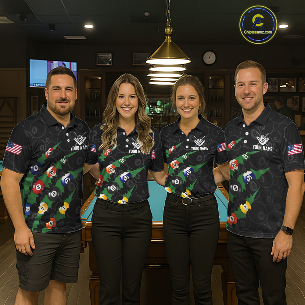 Custom Green 8 Ball Pool Scratch Billiard Shirt For Men, Black Billiard Team Jersey Polo & 1/4 Zip TDM6435