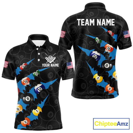 Custom Blue 8 Ball Pool Scratch Billiard Shirt For Men, Black Billiard Team Jersey Polo & 1/4 Zip TDM6436
