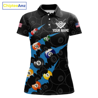 Custom Blue 8 Ball Pool Scratch Billiard Shirt For Women, Black Billiard Team Jersey Polo & 1/4 Zip TDM6436