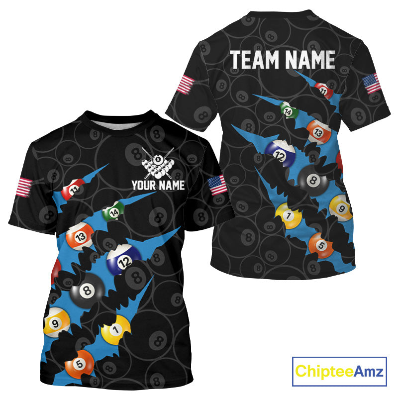 Custom Blue 8 Ball Pool Scratch Billiard T-Shirt For Men Black Billiard League Team Jersey TDM6436