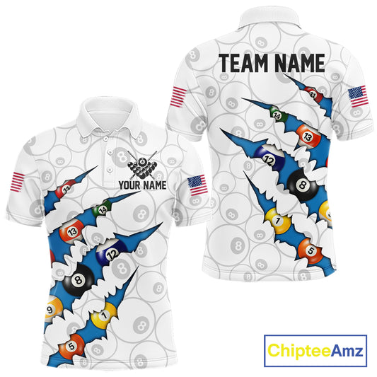 Custom Blue 8 Ball Pool Scratch Billiard Shirt For Men, White Billiard Team Jersey Polo & 1/4 Zip TDM6439