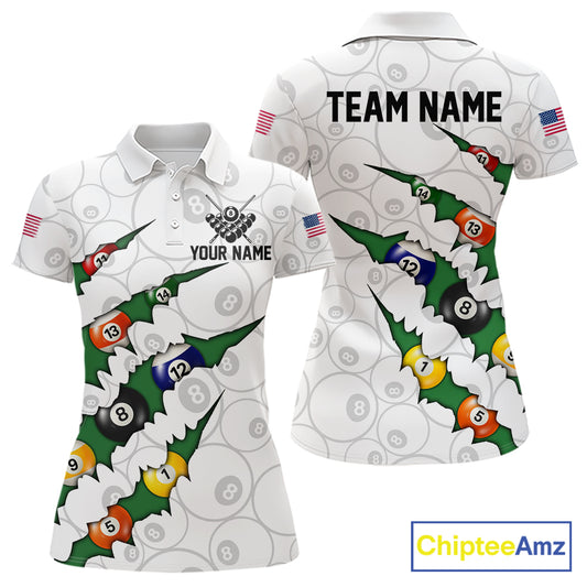 Custom Green 8 Ball Pool Scratch Billiard Shirt For Women, White Billiard Team Jersey Polo & 1/4 Zip TDM6440