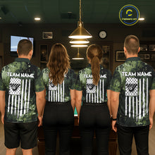 Load image into Gallery viewer, Back view of pool players wearing custom camo billiard shirts in a game room.