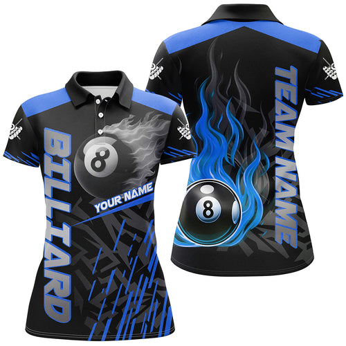 Blue 8 Ball Pool Flame 3D Billiard Shirts For Women, Billiard League Jersey Custom Pool Team Shirts TDM2875