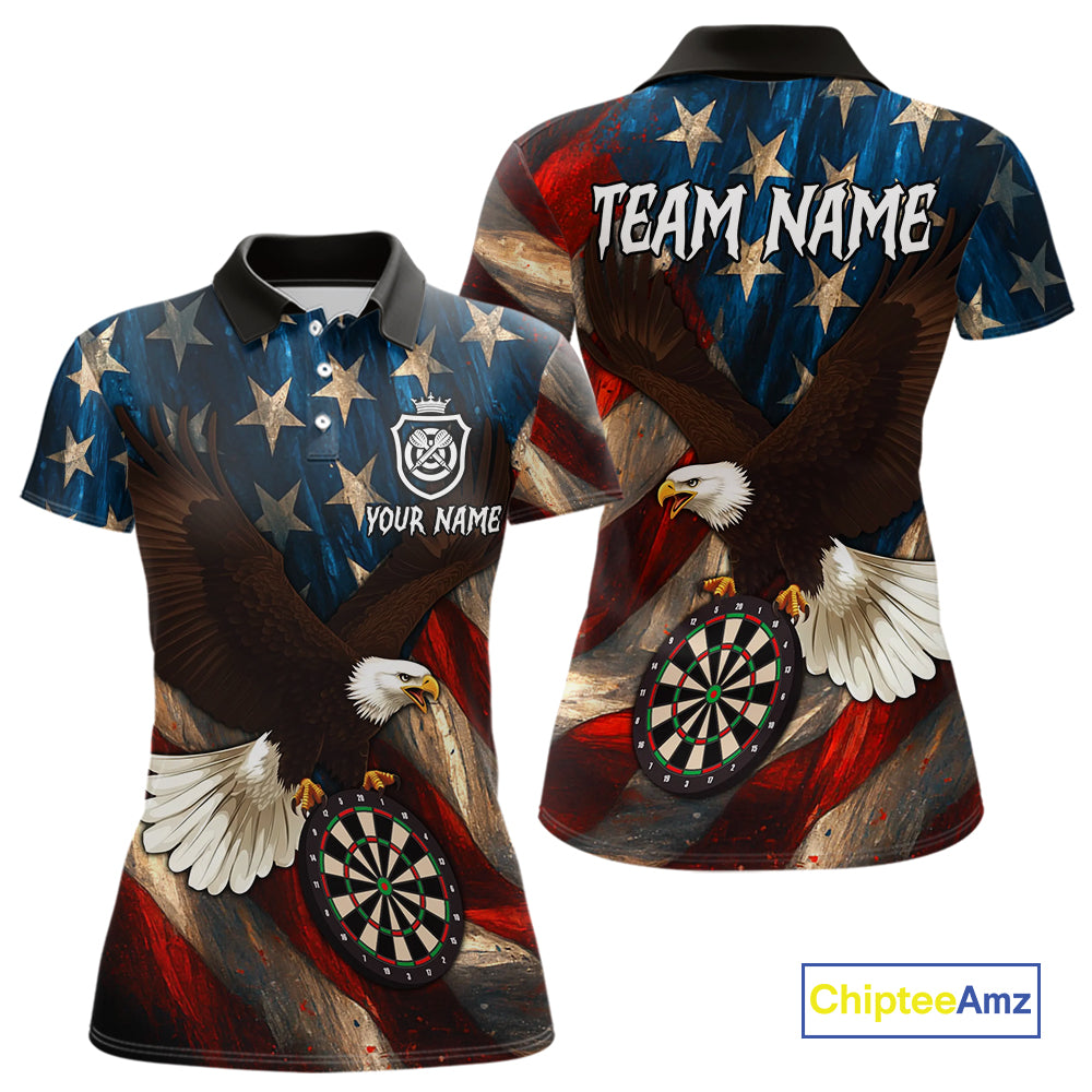 Personalized American Flag Eagle Womens Darts Shirt Custom Patriotic Jersey Darts Polo & 1/4 Zip TDM5126