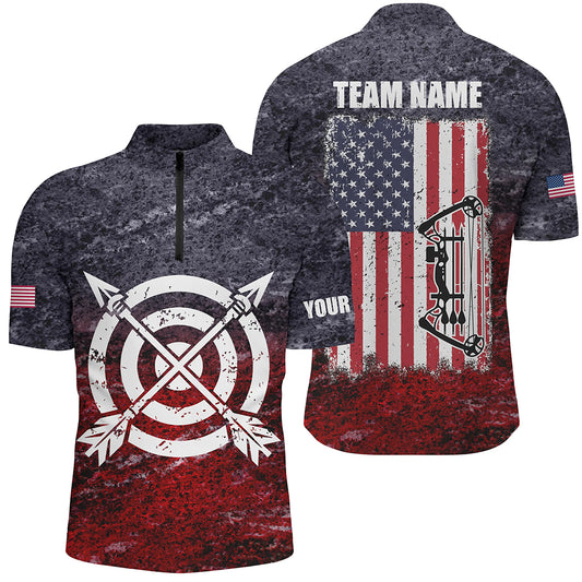 Personalized Retro USA Flag Men Archery Quarter-Zip Shirts, Patriotic US Archery Jerseys TDM1022
