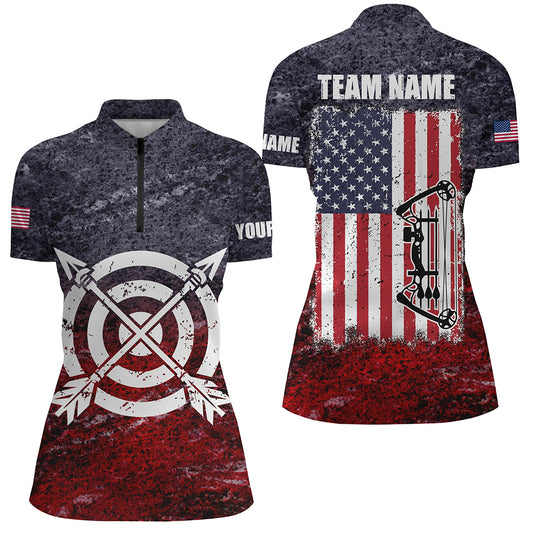 Personalized Retro USA Flag Women Archery Quarter-Zip Shirts, Patriotic US Archery Jerseys TDM1022