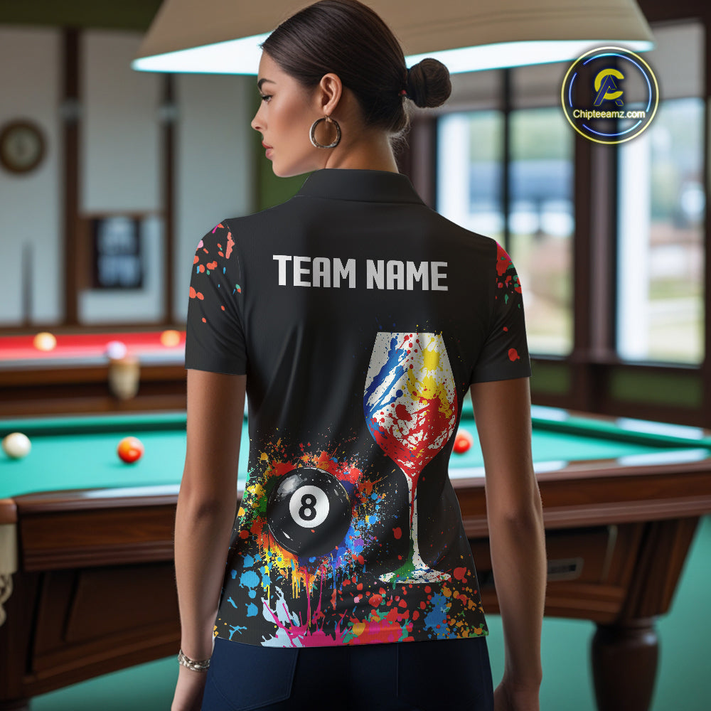Personalized Colorful Splash 8 Ball Billiard Shirts For Women, Funny Wine Glass Custom Pool Jerseys TDM4100